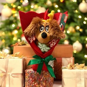Max Dog Plush with Antlers and Red Wrap NWT